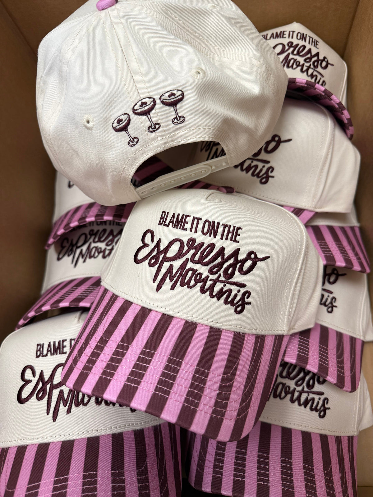 Blame it on Espresso Martinis - Maroon & Pink Stripe Trucker Hat