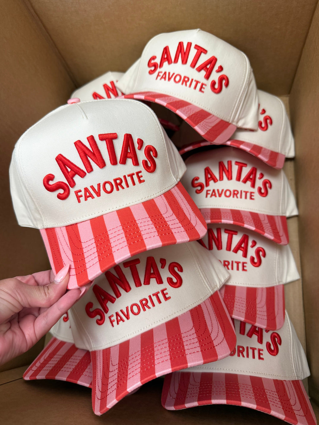 Santa's Favorite - Pink & Red Stripe Trucker Hat