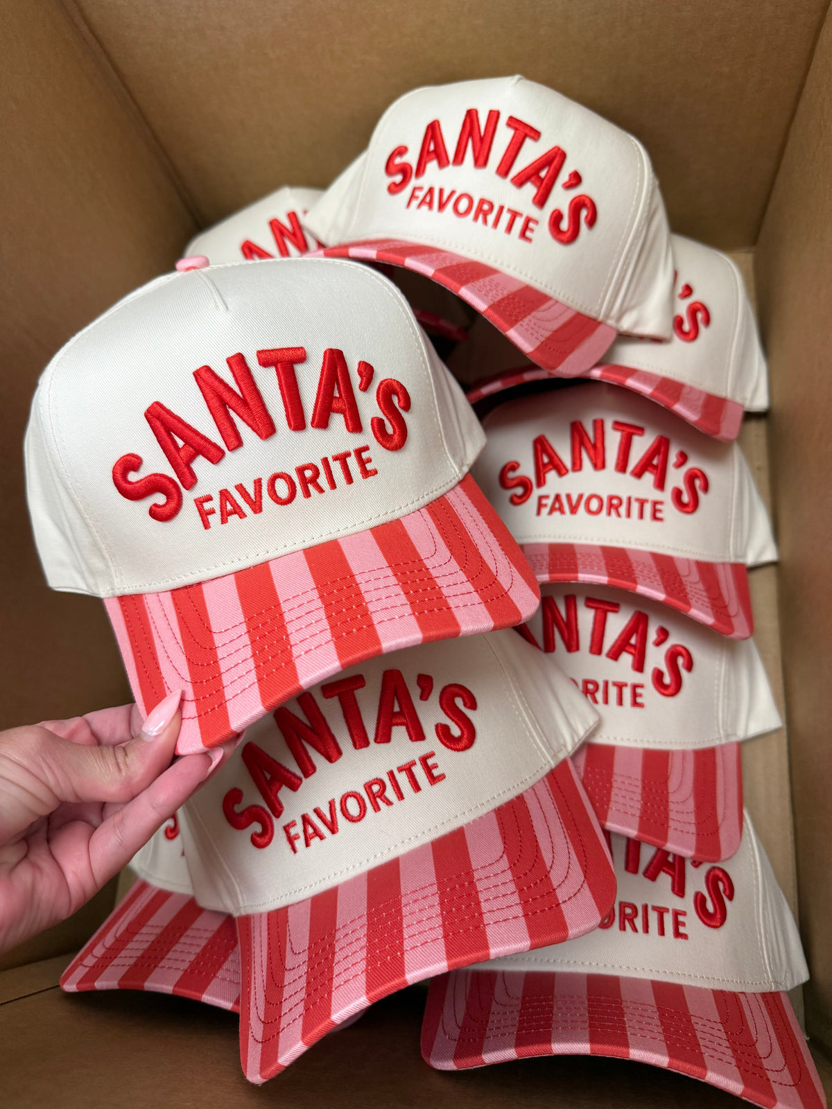 Santa's Favorite - Pink & Red Stripe Trucker Hat