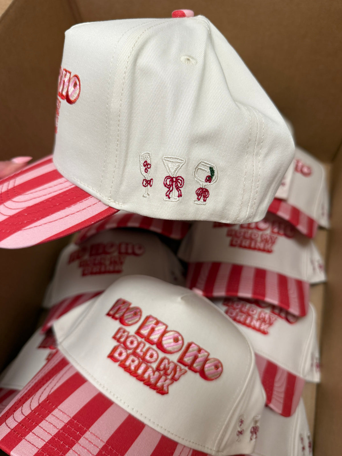 Ho Ho Ho Hold My Drink - Pink & Red Stripe Trucker Hat