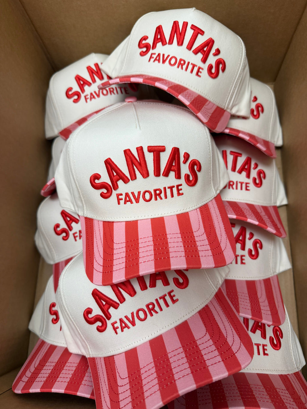 Santa's Favorite - Pink & Red Stripe Trucker Hat