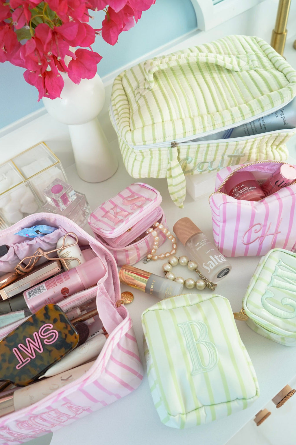 Nylon Striped Makeup Bag Collection