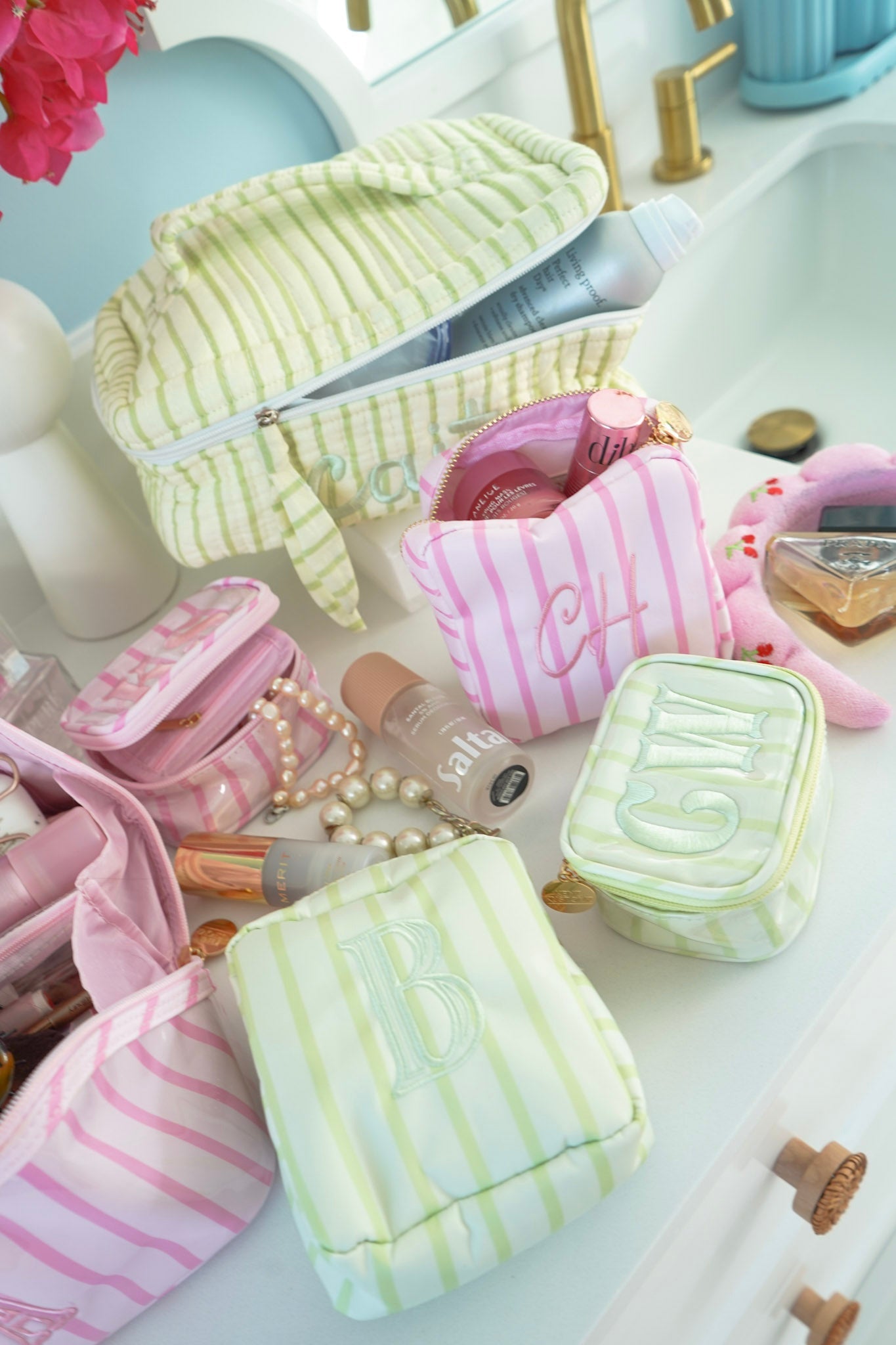 Nylon Striped Makeup Bag Collection