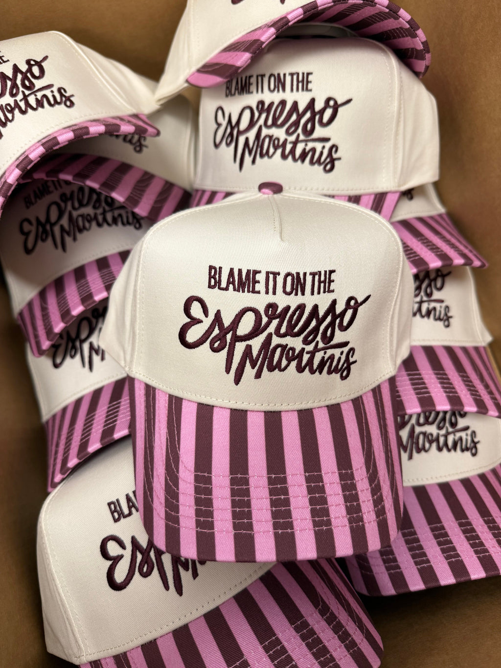 Blame it on Espresso Martinis - Maroon & Pink Stripe Trucker Hat