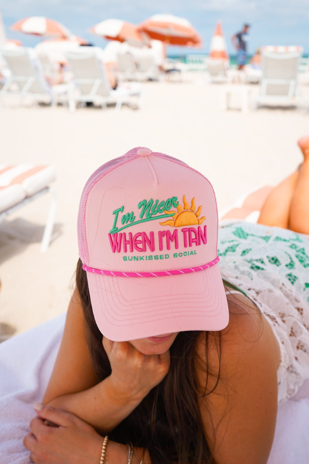 I’m Nicer when I’m Tan - Pink Canvas Trucker Hat