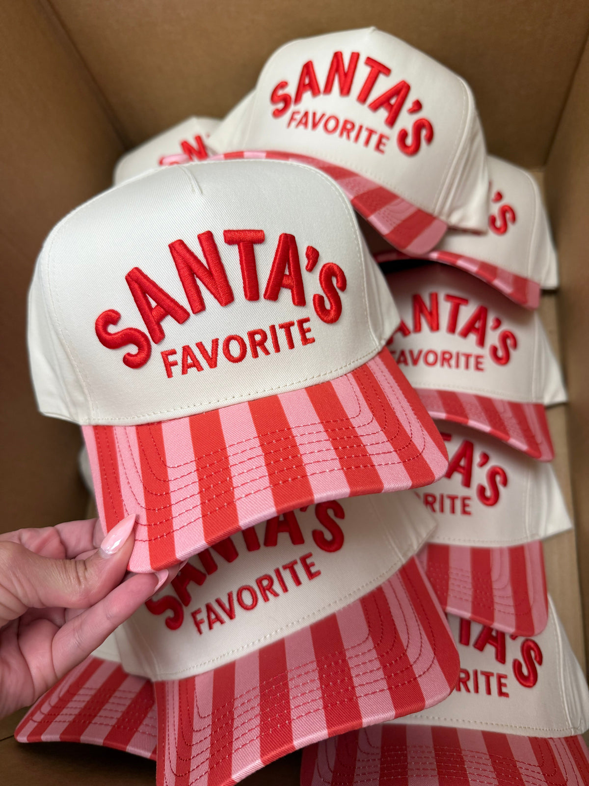 Santa's Favorite - Pink & Red Stripe Trucker Hat