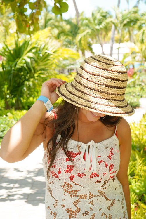 Brown Stripe Raffia Bucket Hat