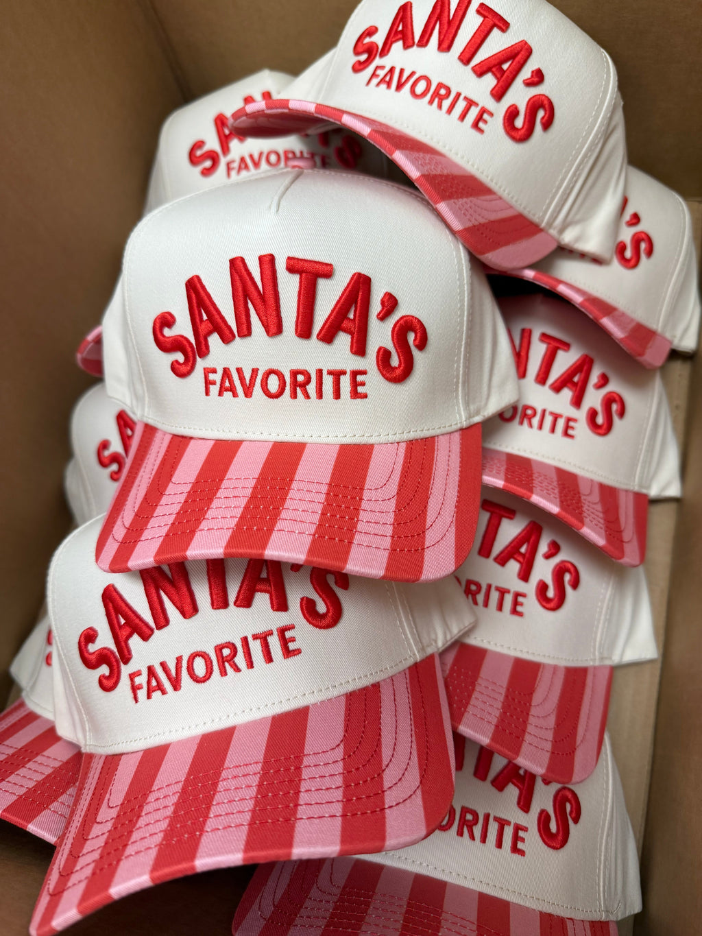 Santa's Favorite - Pink & Red Stripe Trucker Hat