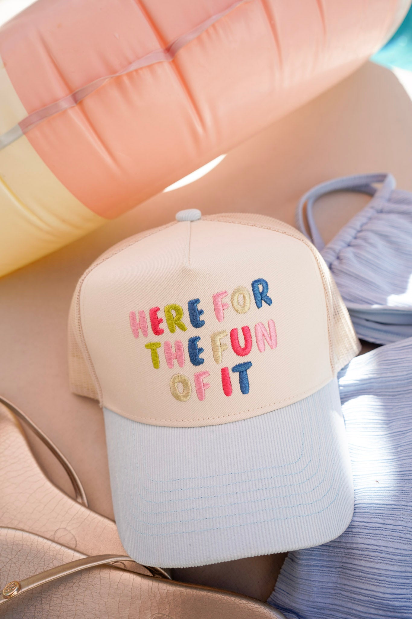Here for the Fun of it - Baby Blue Corduroy Trucker Hat - PREORDER