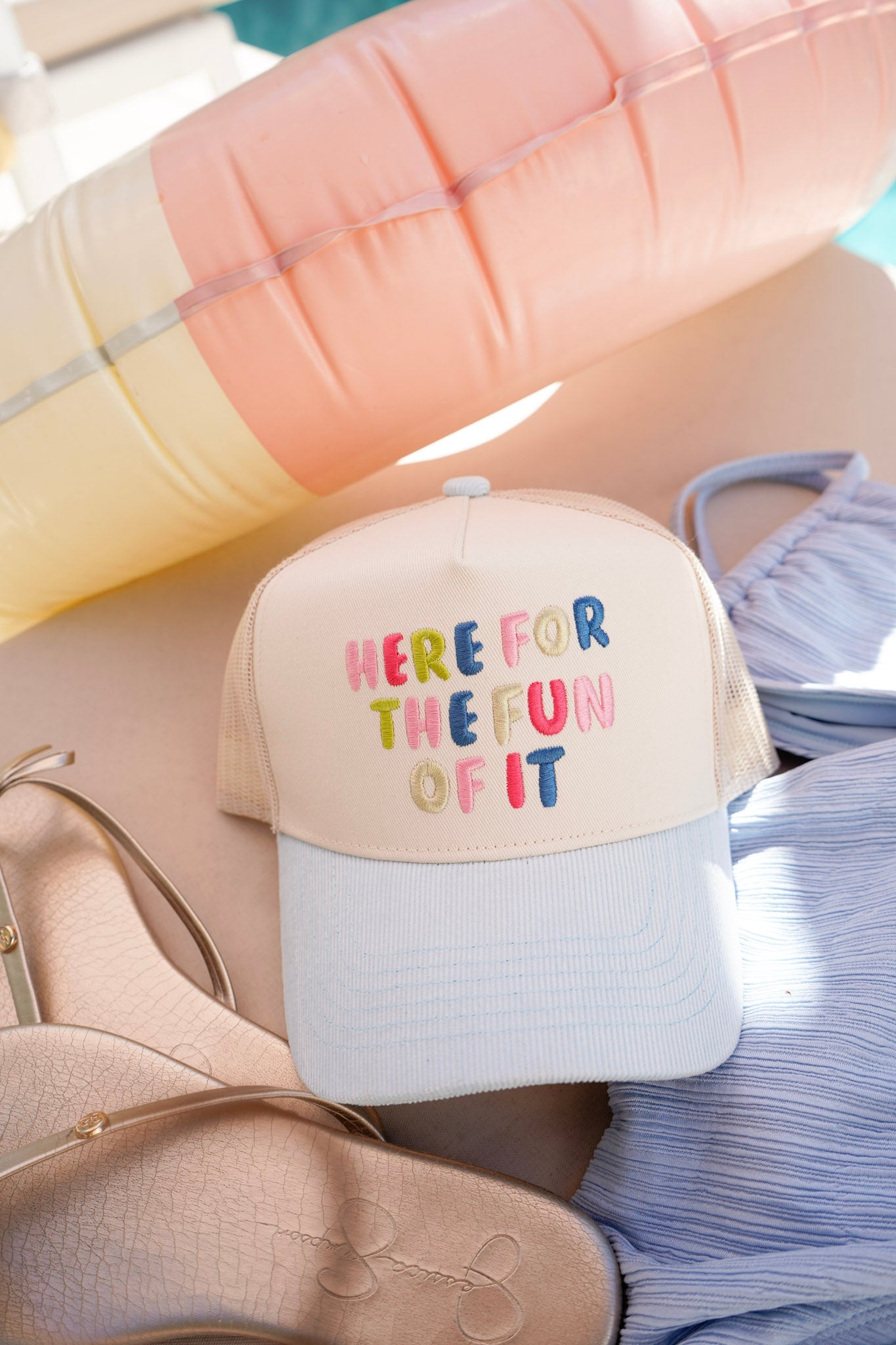 Here for the Fun of it - Baby Blue Corduroy Trucker Hat - PREORDER