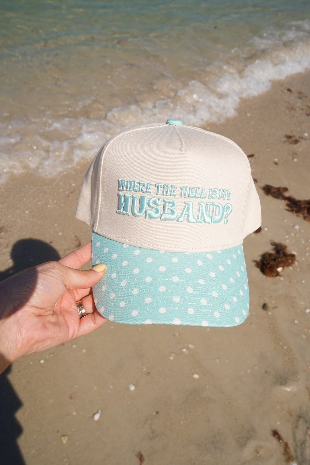 Where is my Husband? - Baby Blue Polka Dot Trucker