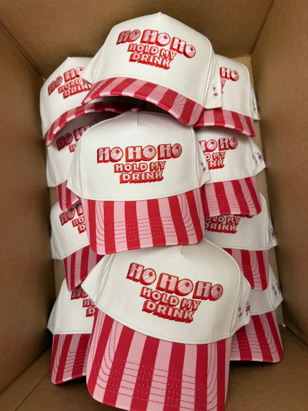 Ho Ho Ho Hold My Drink - Pink & Red Stripe Trucker Hat
