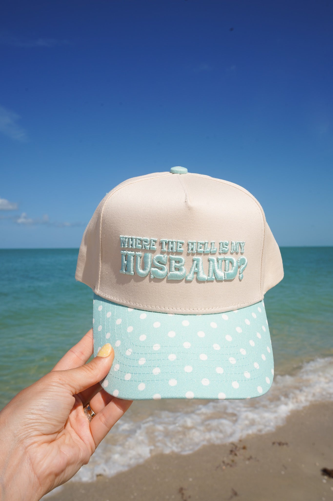 Where is my Husband? - Baby Blue Polka Dot Trucker