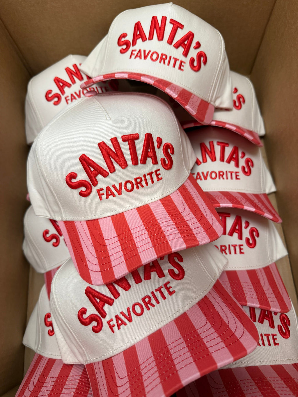 Santa's Favorite - Pink & Red Stripe Trucker Hat