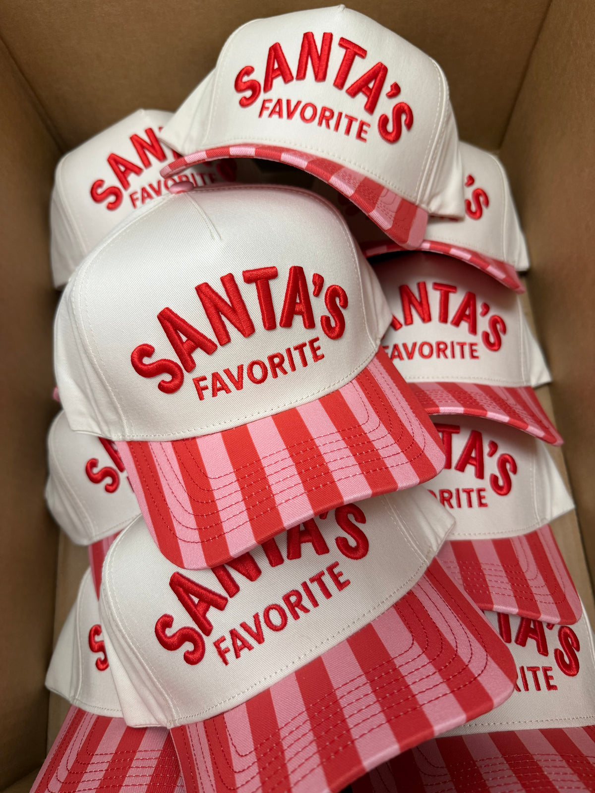 Santa's Favorite - Pink & Red Stripe Trucker Hat