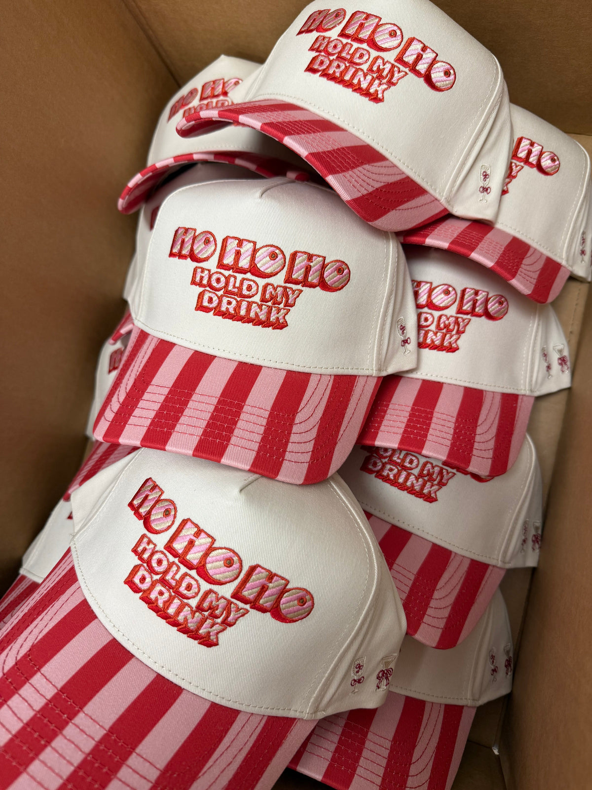 Ho Ho Ho Hold My Drink - Pink & Red Stripe Trucker Hat