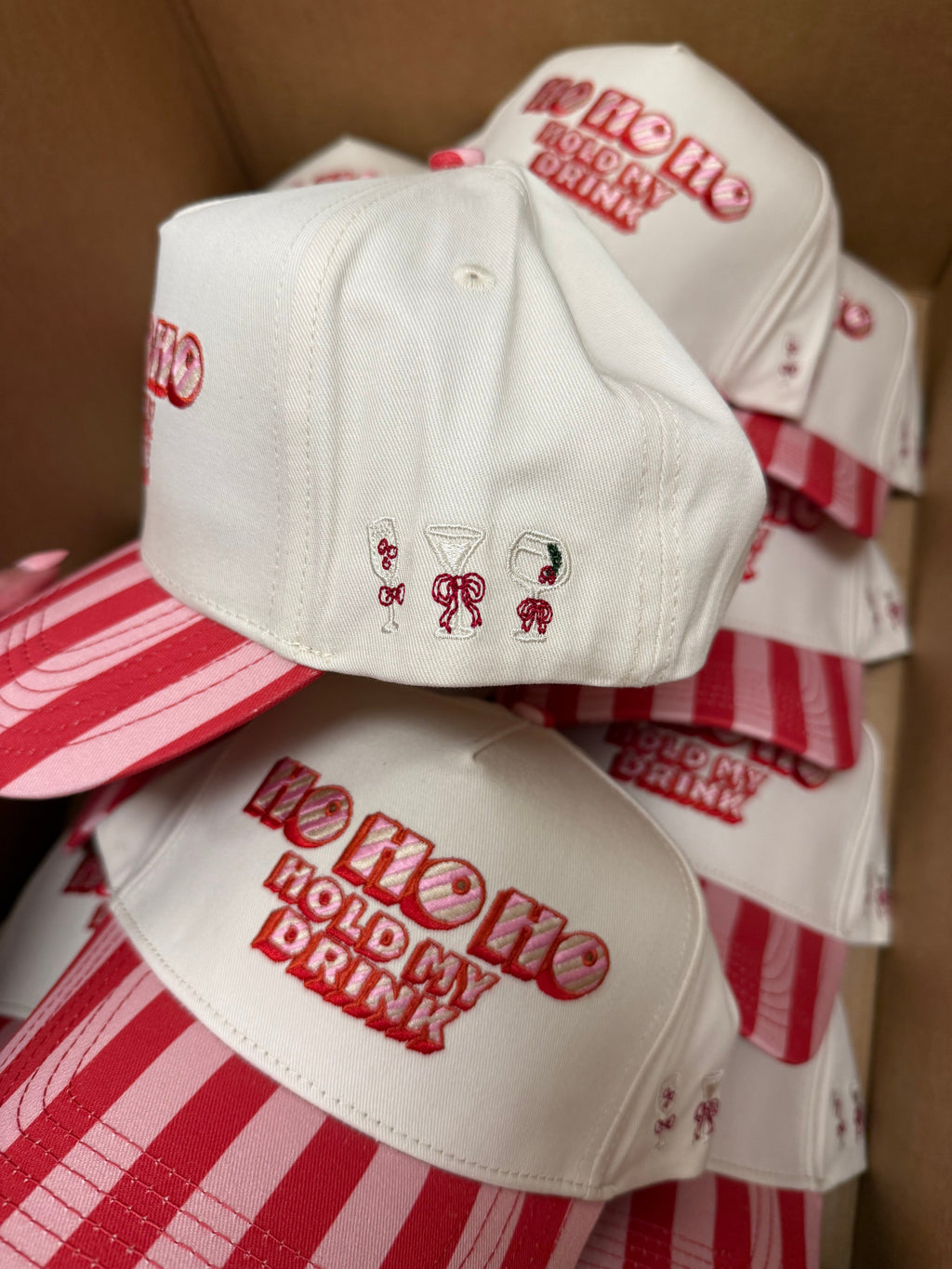 Ho Ho Ho Hold My Drink - Pink & Red Stripe Trucker Hat