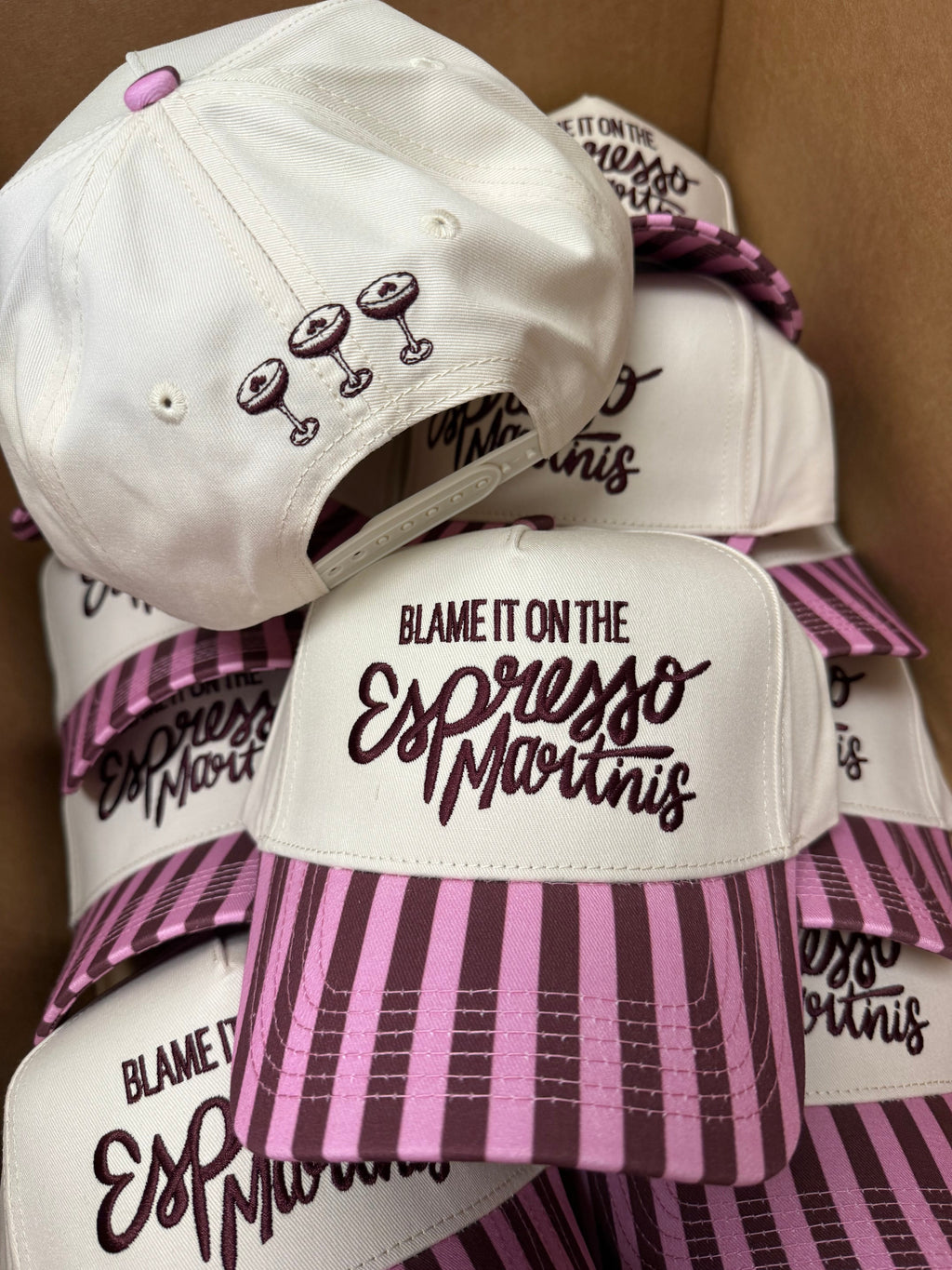 Blame it on Espresso Martinis - Maroon & Pink Stripe Trucker Hat