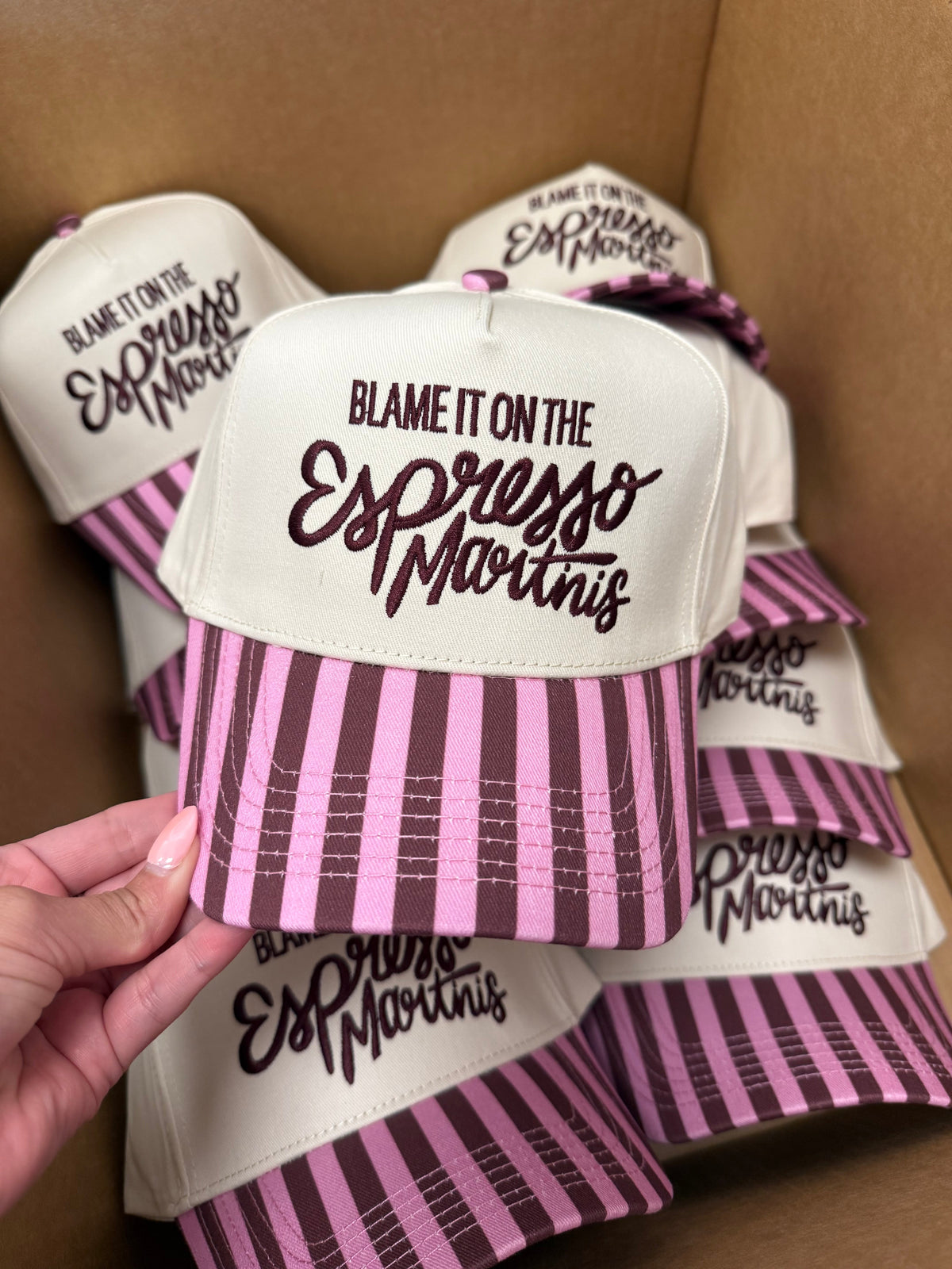 Blame it on Espresso Martinis - Maroon & Pink Stripe Trucker Hat