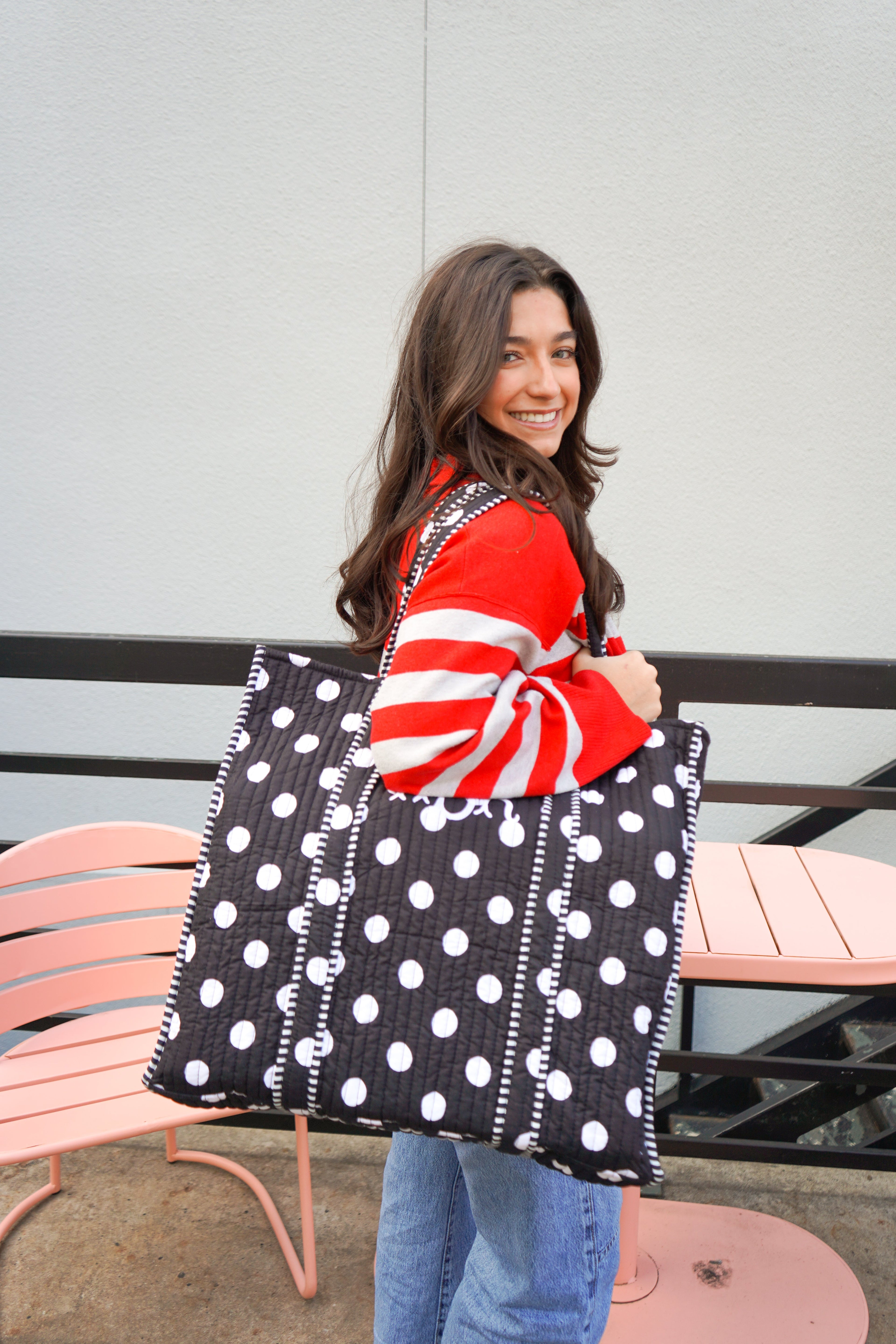 Quilted Block-Print Tote - Black Polka Dot