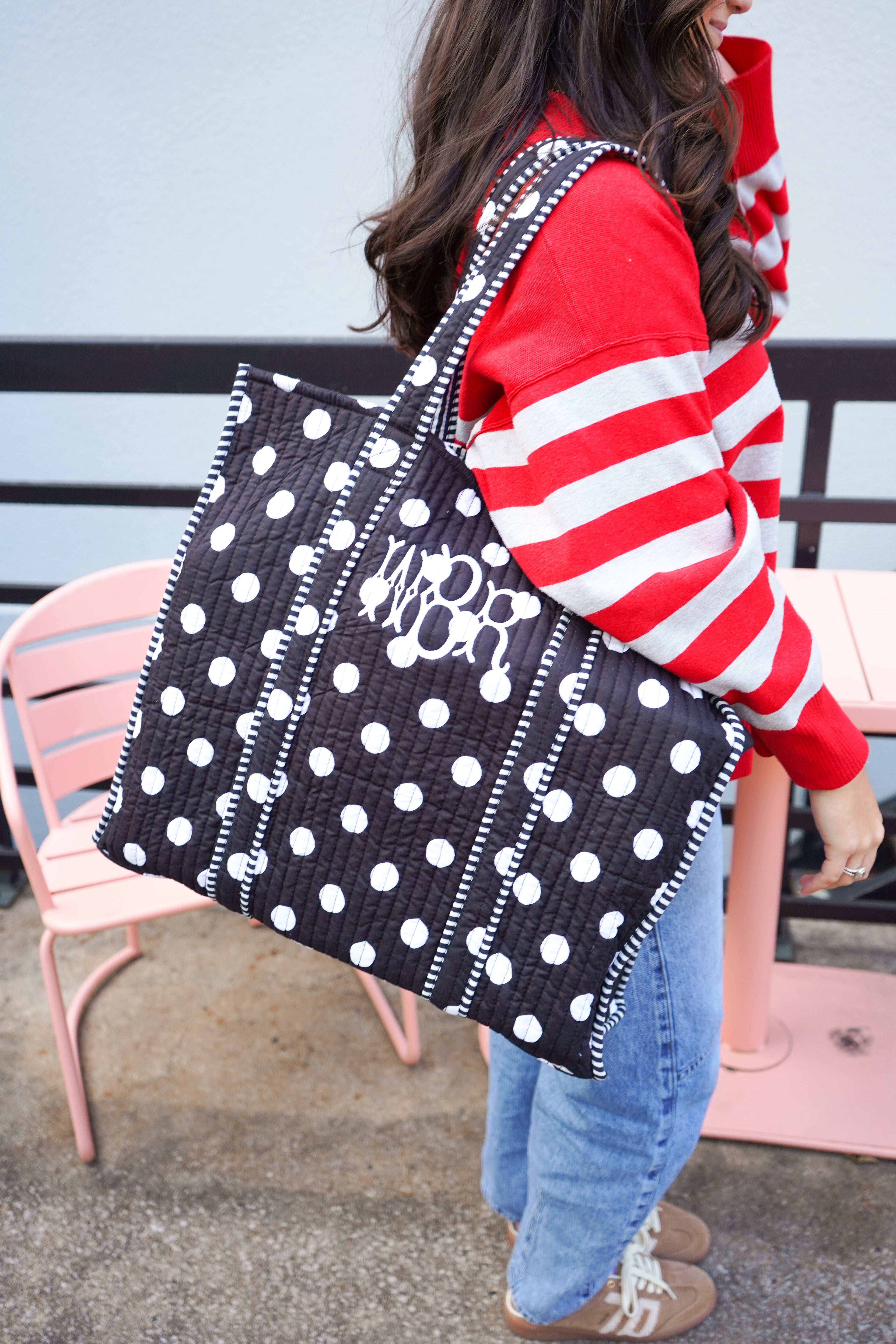 Quilted Block-Print Tote - Black Polka Dot