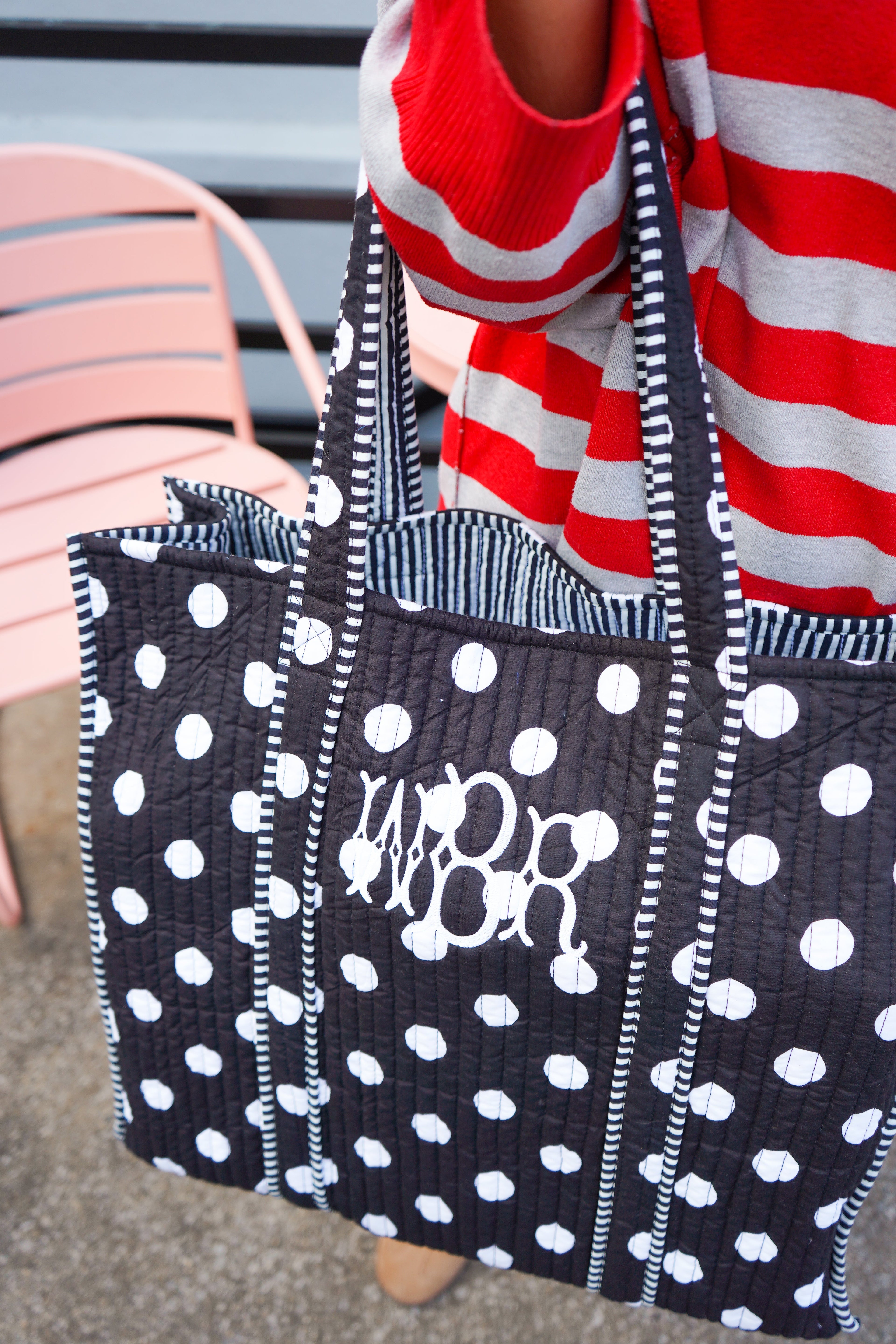 Quilted Block-Print Tote - Black Polka Dot