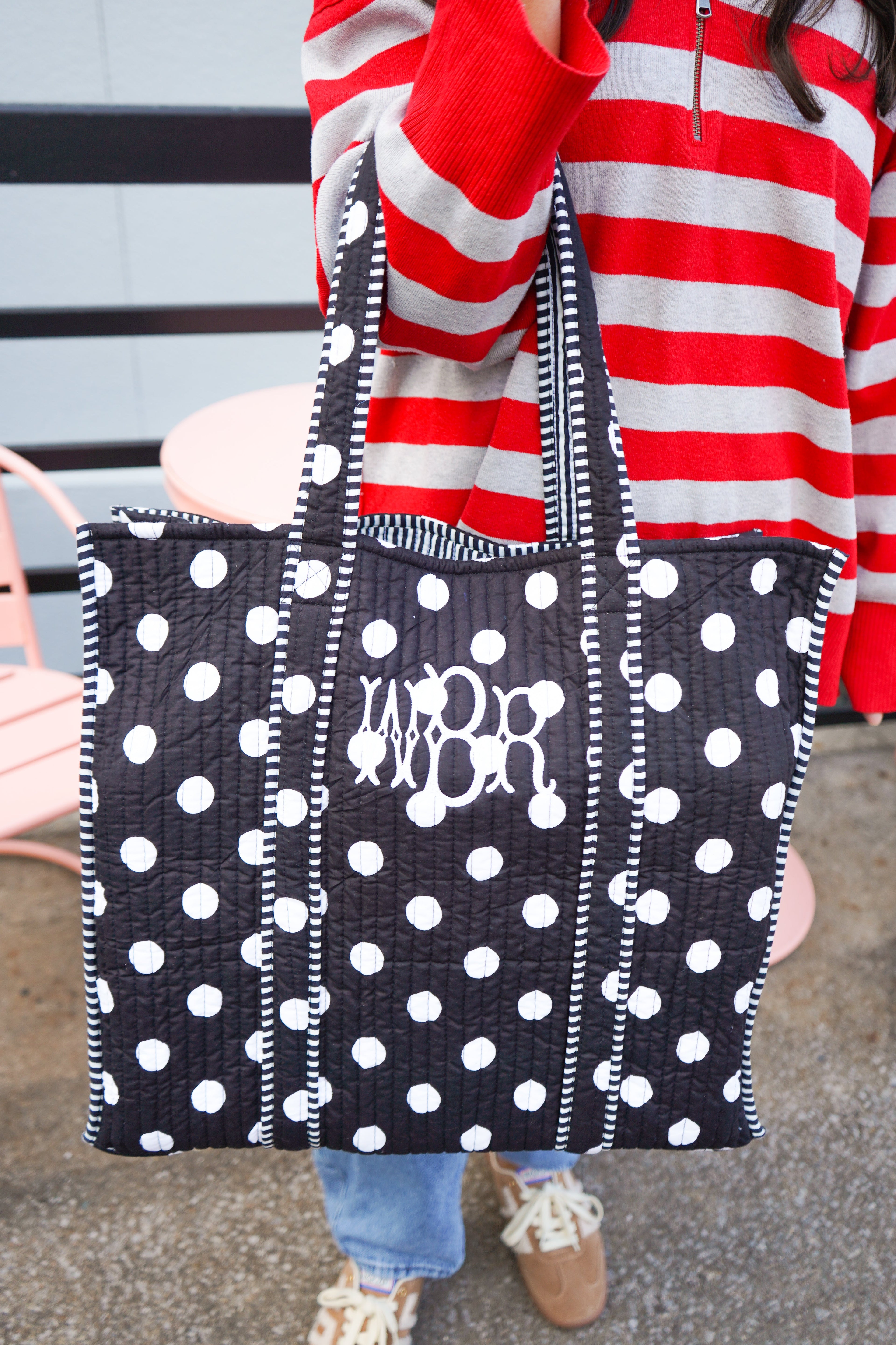 Quilted Block-Print Tote - Black Polka Dot