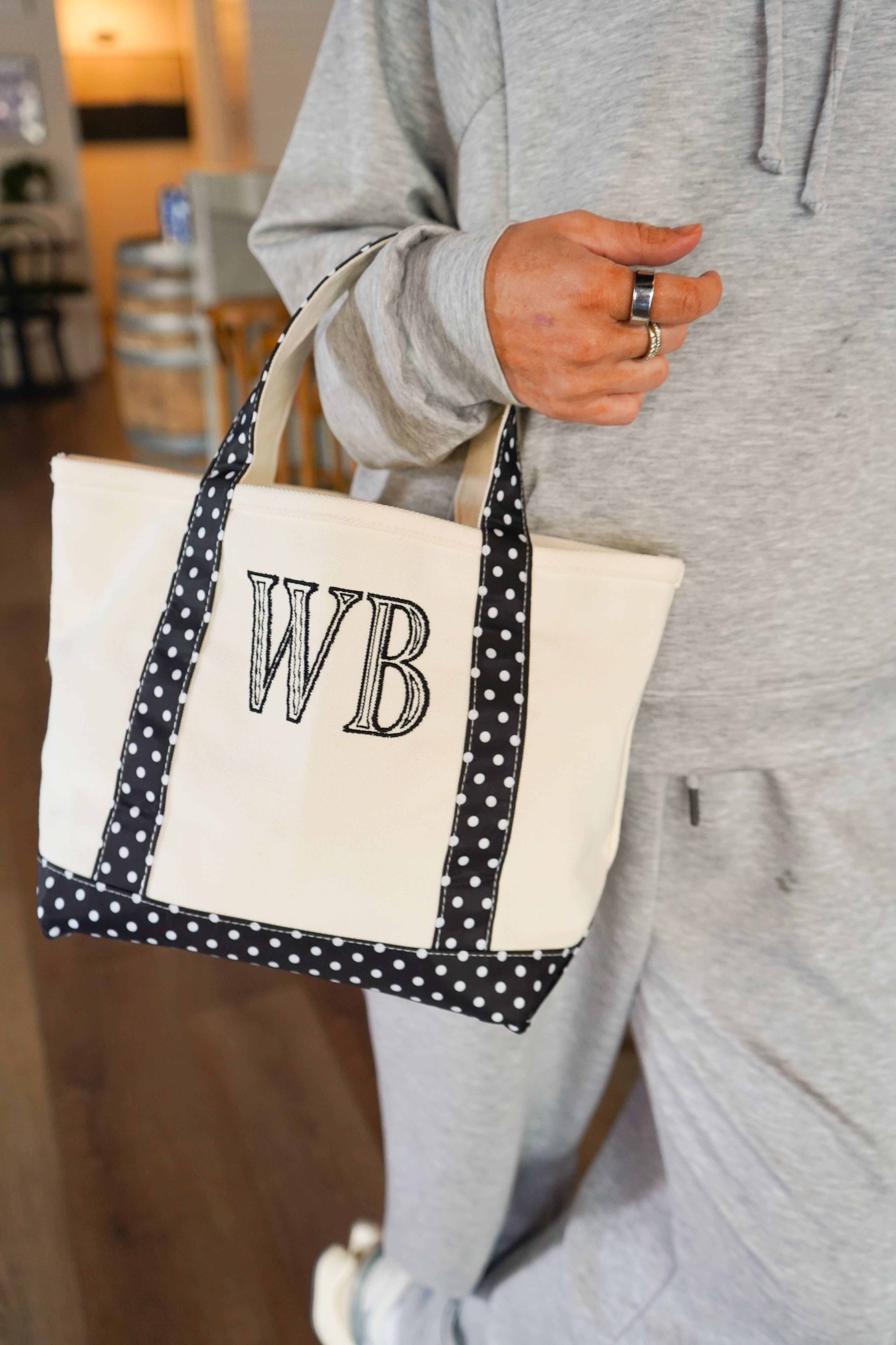 Black Polka Dot Mini Canvas Tote - Embroidered