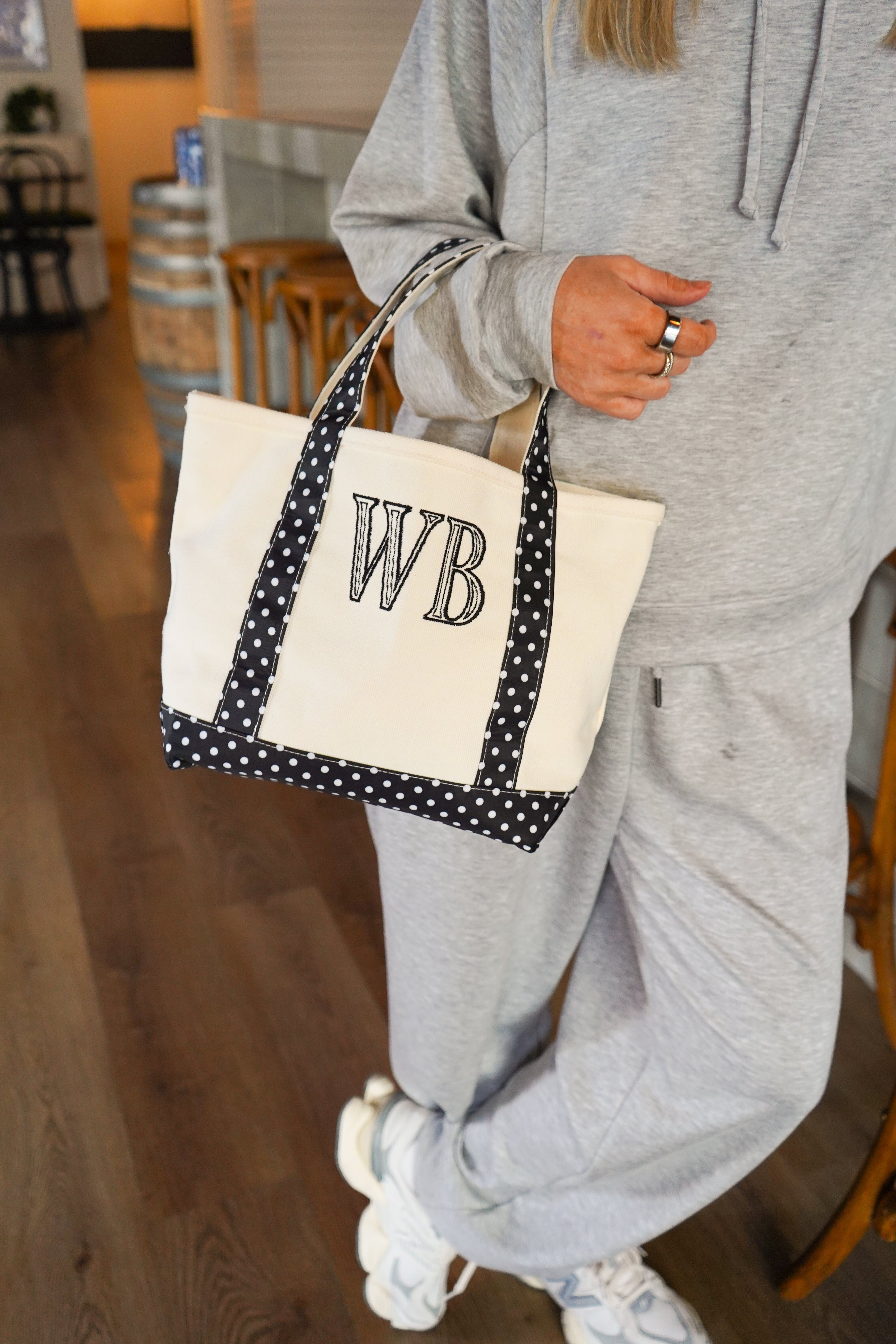 Black Polka Dot Mini Canvas Tote - Embroidered