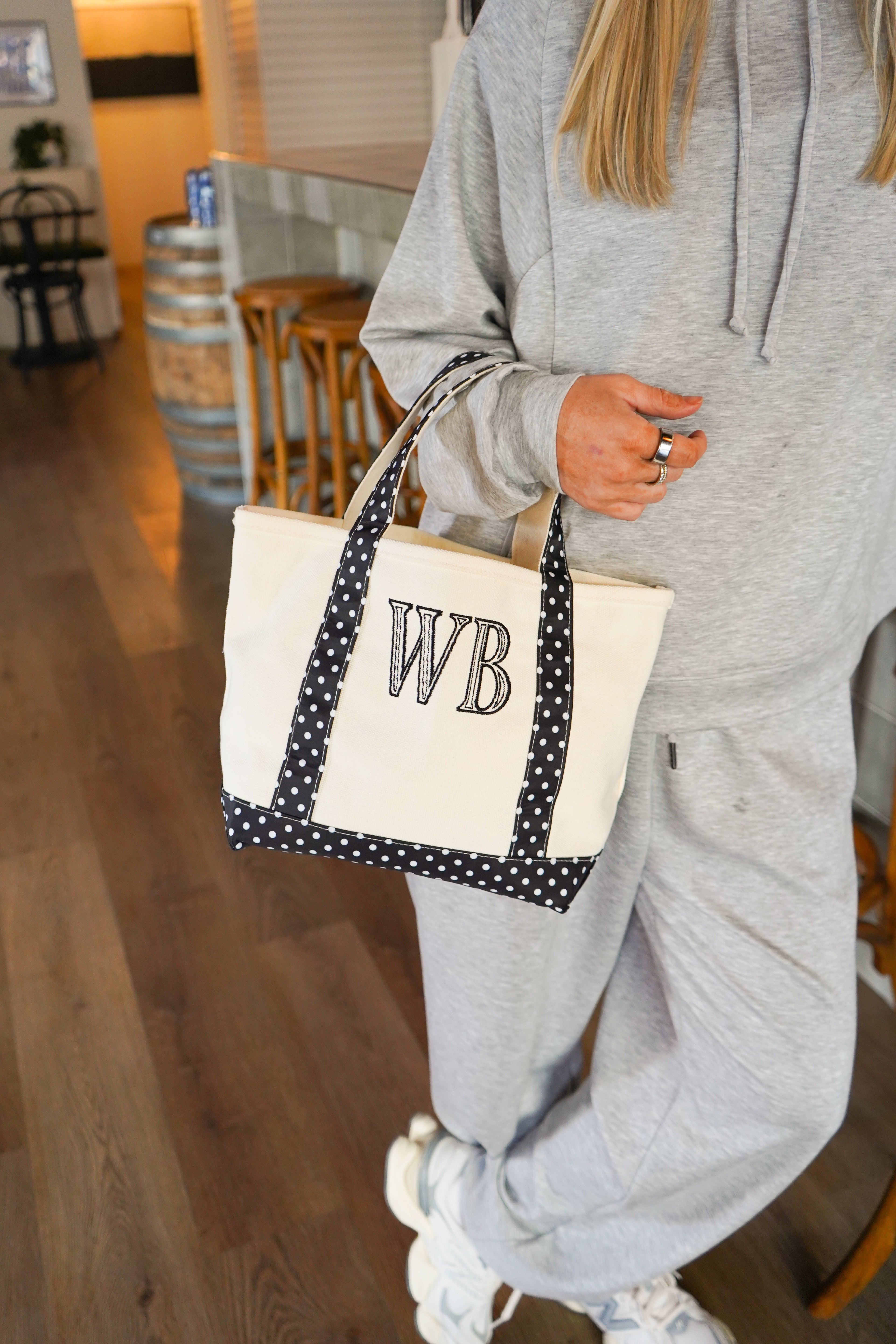 Black Polka Dot Mini Canvas Tote - Embroidered