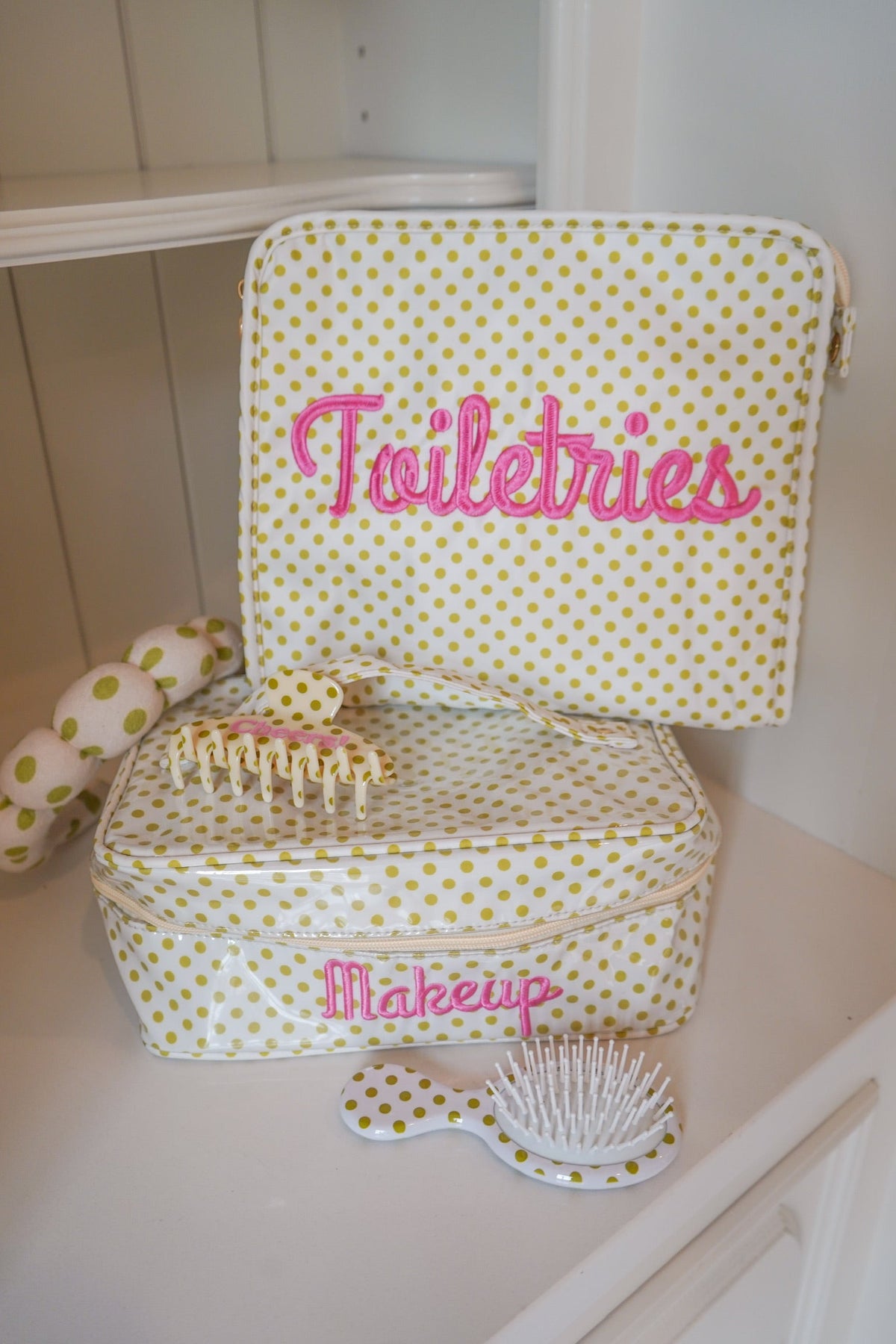 Makeup - Chartreuse Polka Dot Open Top Bag