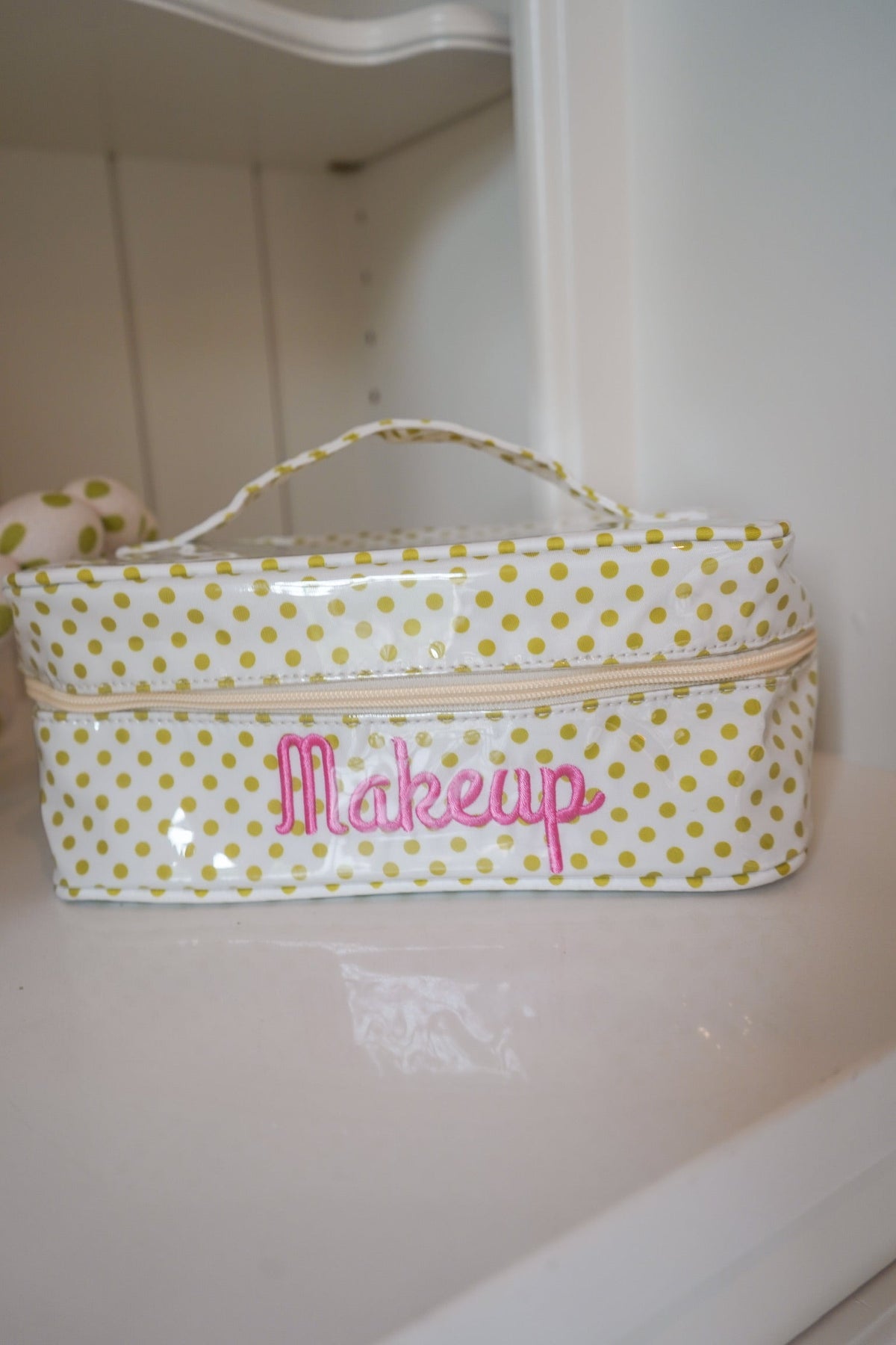 Makeup - Chartreuse Polka Dot Open Top Bag