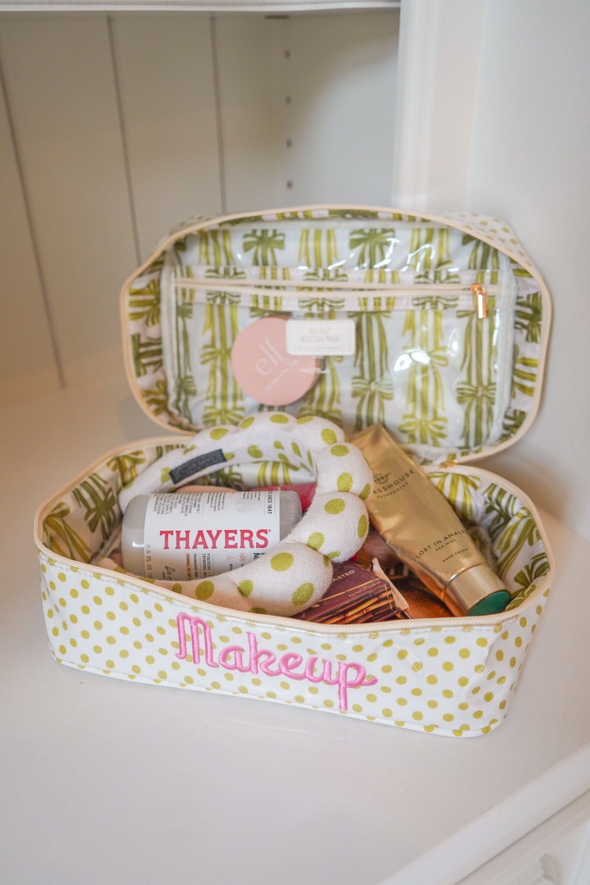 Makeup - Chartreuse Polka Dot Open Top Bag