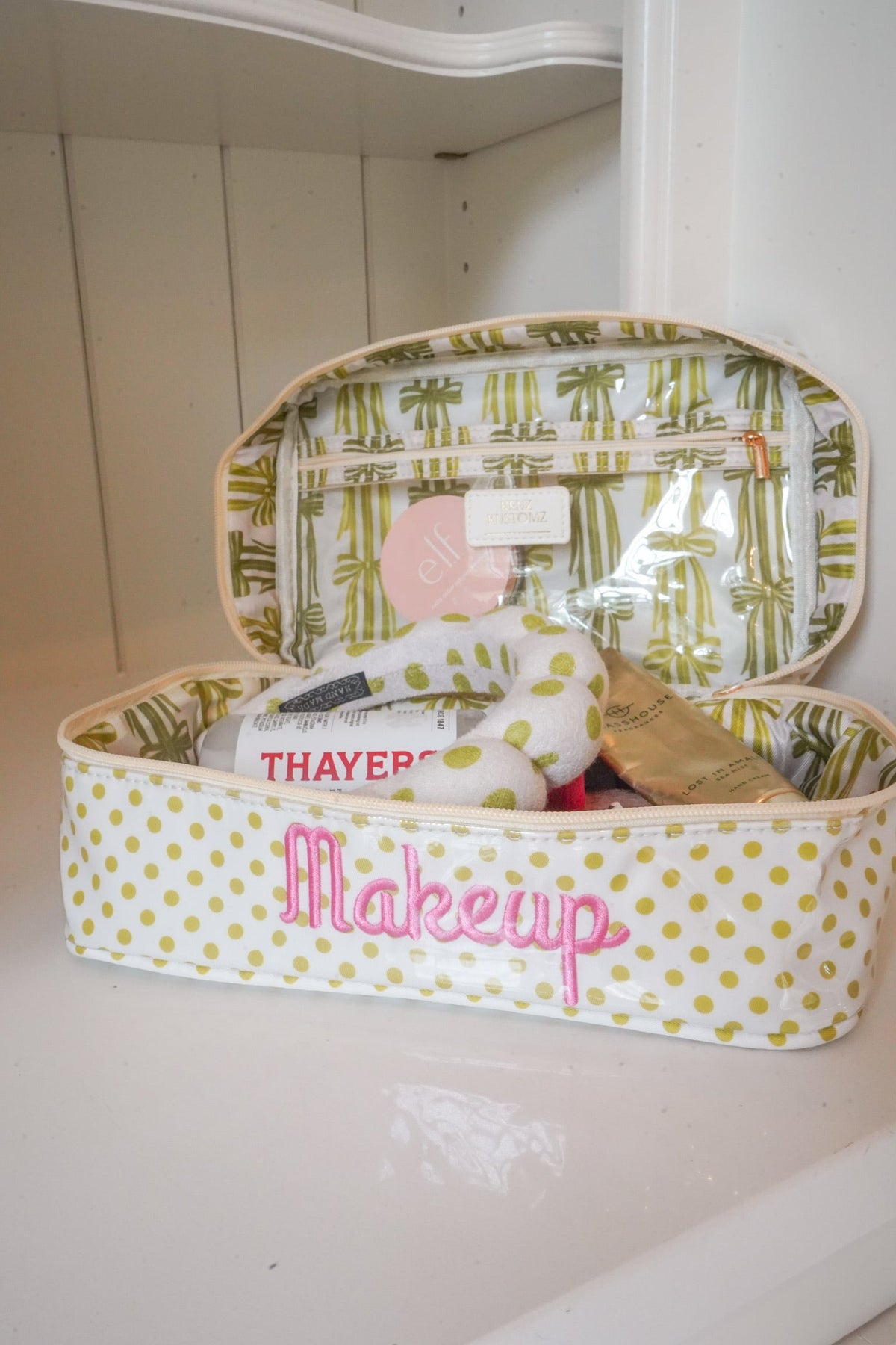 Makeup - Chartreuse Polka Dot Open Top Bag