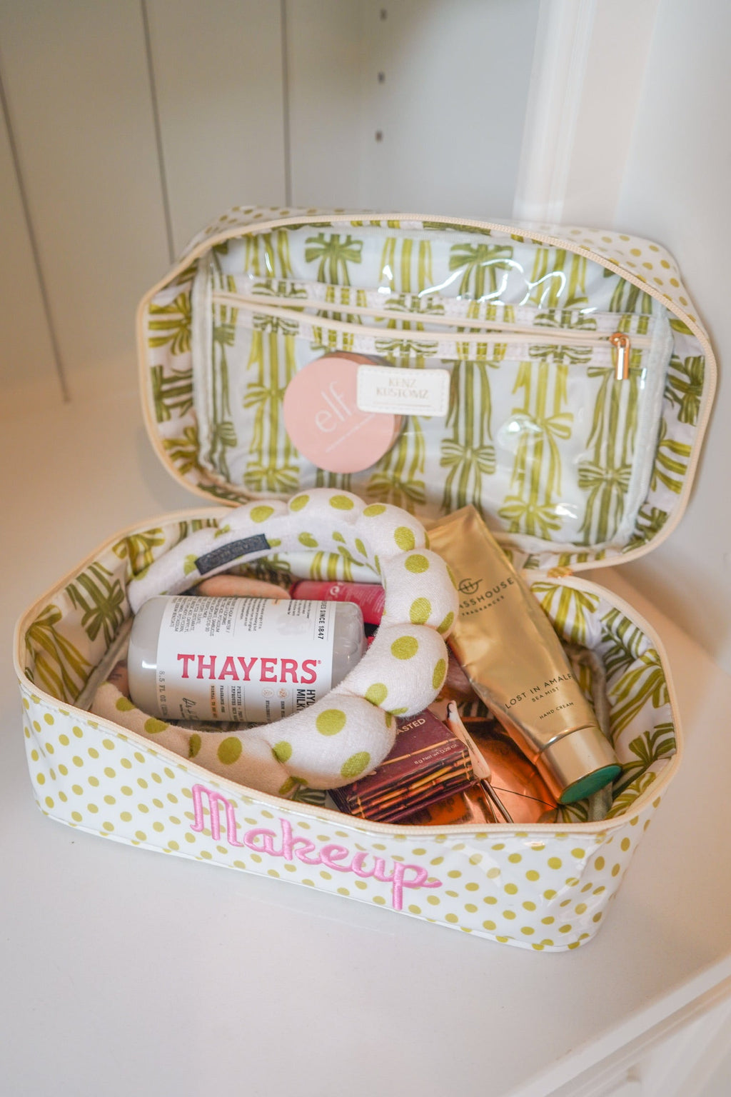 Makeup - Chartreuse Polka Dot Open Top Bag