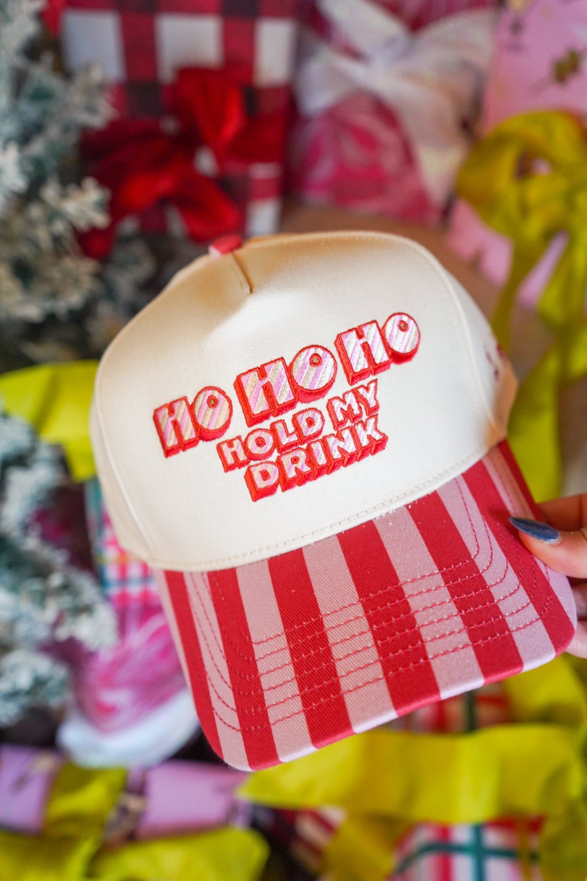 Ho Ho Ho Hold My Drink - Pink & Red Stripe Trucker Hat