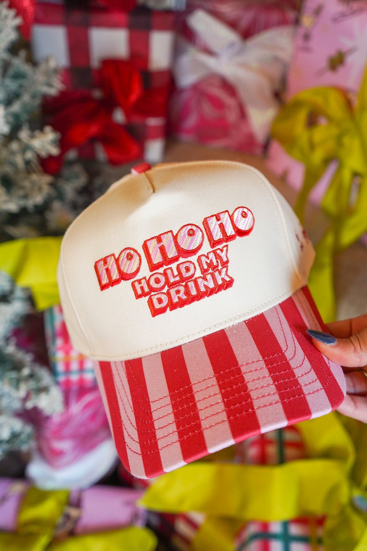 Ho Ho Ho Hold My Drink - Pink & Red Stripe Trucker Hat