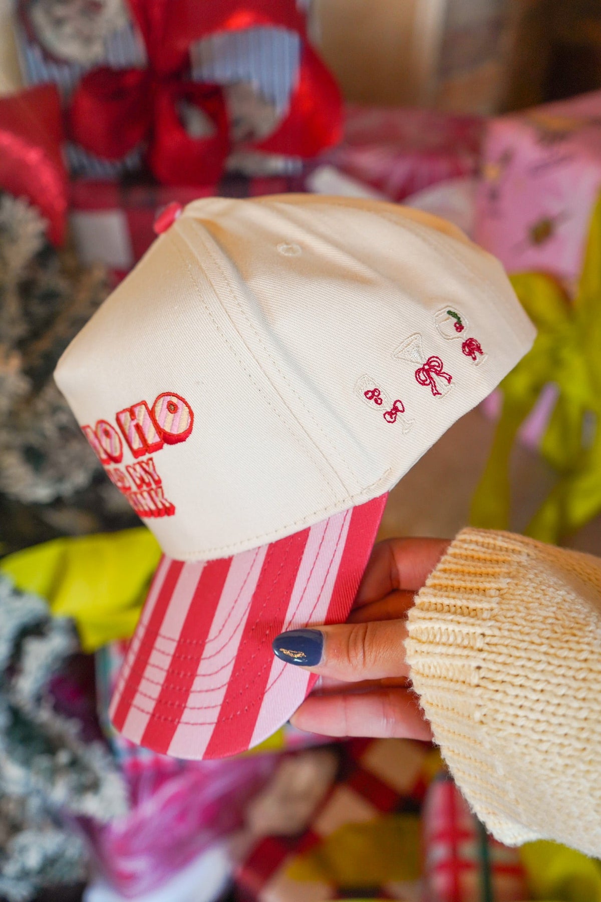 Ho Ho Ho Hold My Drink - Pink & Red Stripe Trucker Hat