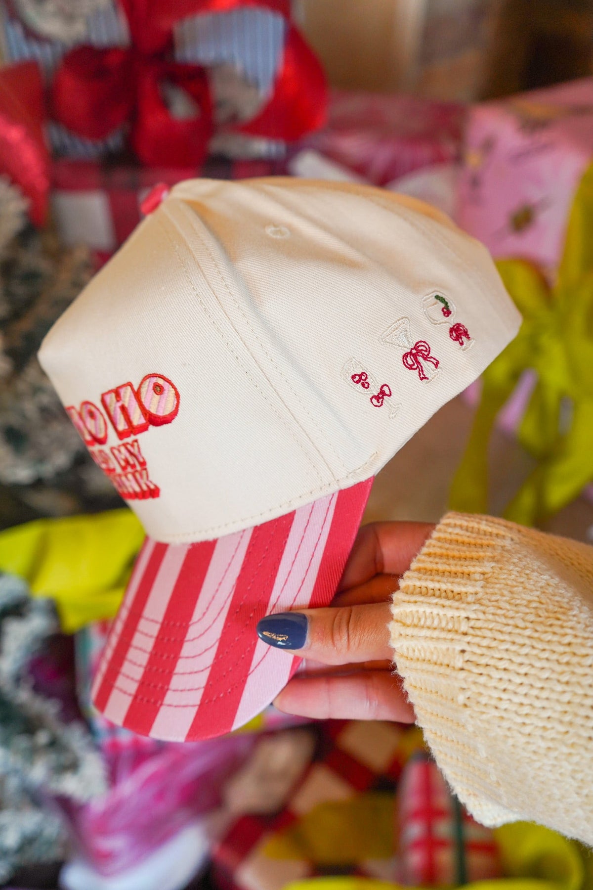 Ho Ho Ho Hold My Drink - Pink & Red Stripe Trucker Hat
