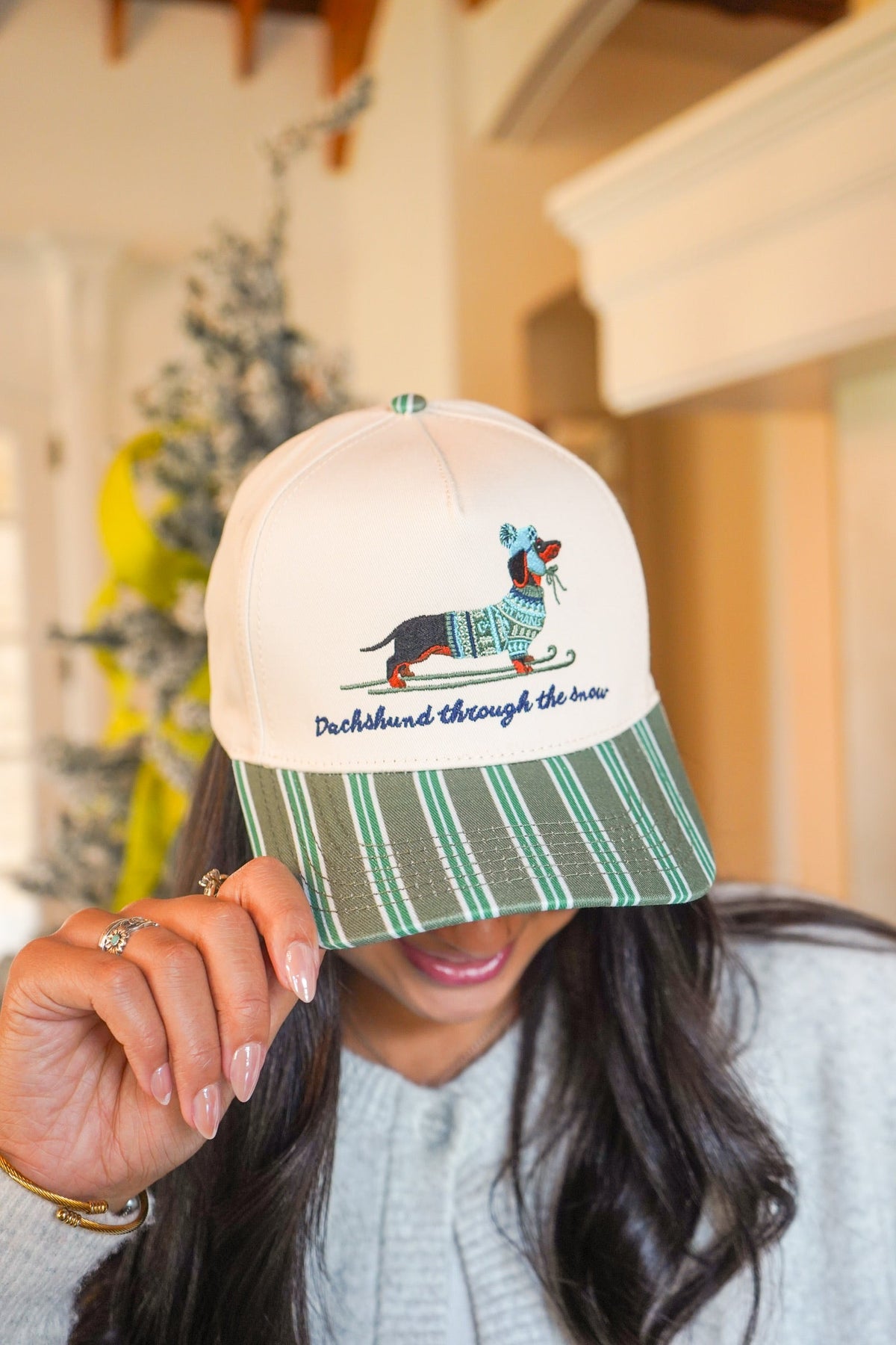 Dachshund Through the Snow - Dark Green Stripe Trucker Hat