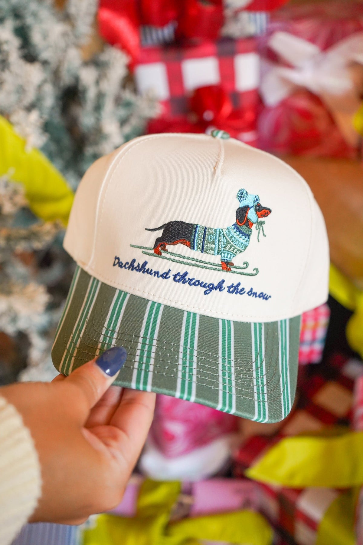 Dachshund Through the Snow - Dark Green Stripe Trucker Hat