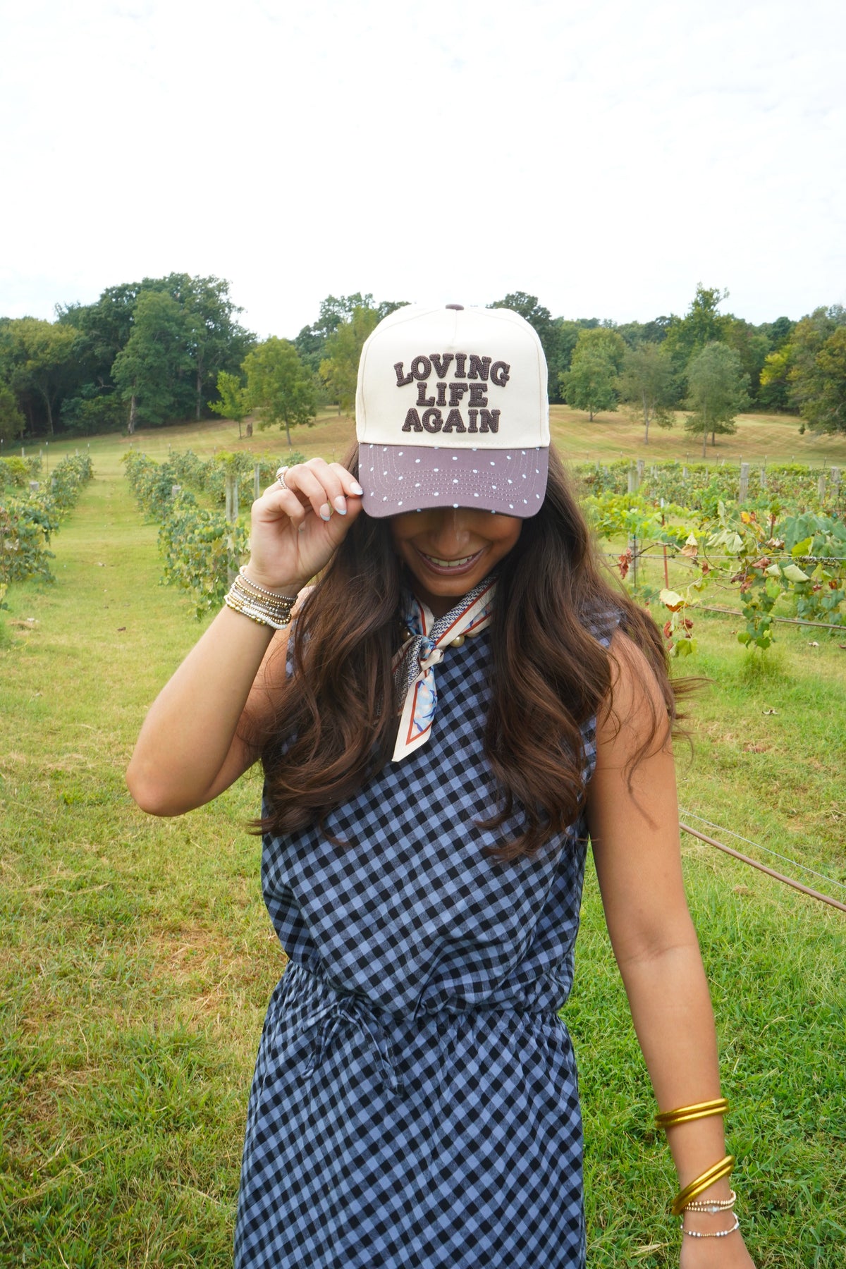 Loving Life Again - Brown & Blue Polka Dot Trucker Hat