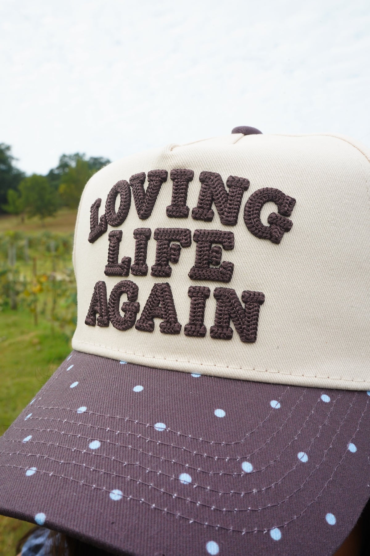 Loving Life Again - Brown & Blue Polka Dot Trucker Hat