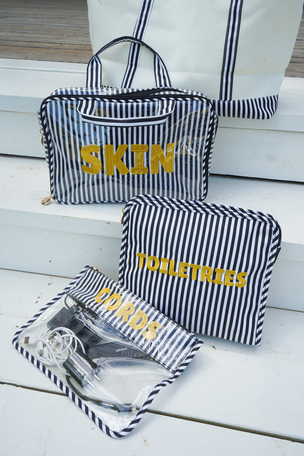 Cords - Black & White Stripe Flat Clear Pouch