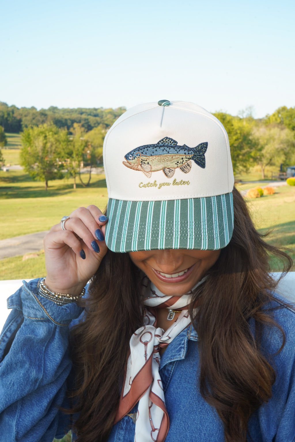 Catch you Later - Dark Green + Navy Stripe Trucker Hat