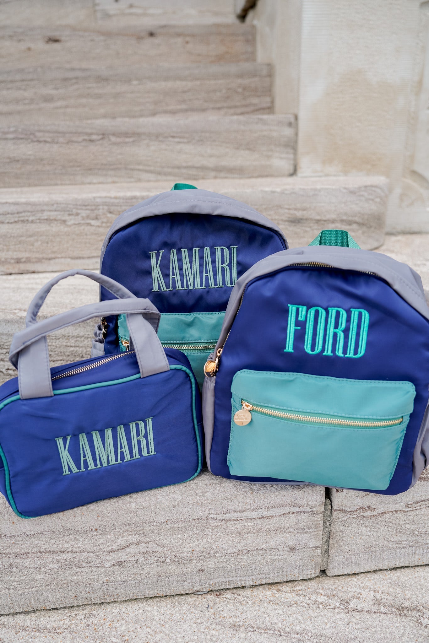 Green, Navy, + Grey Colorblock Backpack -PLAIN NO EMBROIDERY