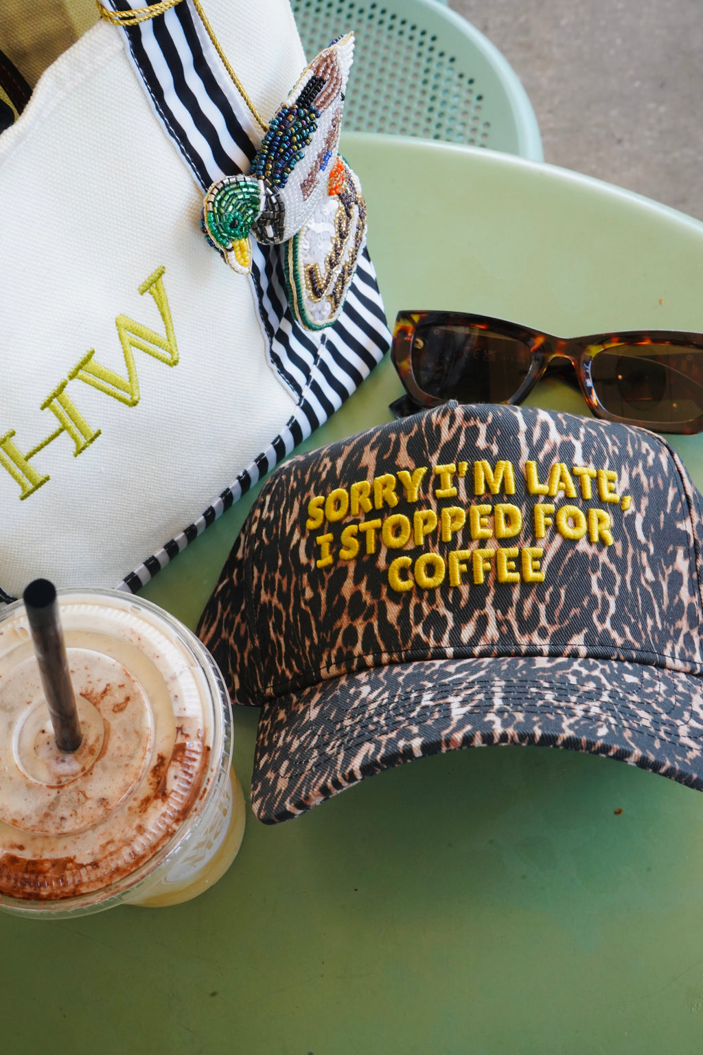 Sorry I'm Late, I Stopped for Coffee - Luxe Leopard Trucker Hat
