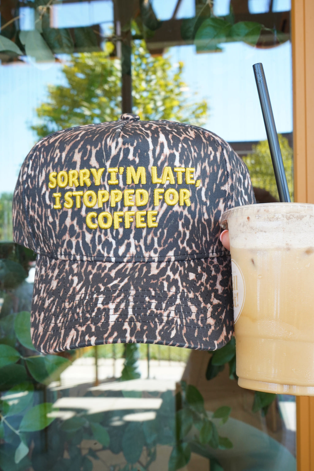 Sorry I'm Late, I Stopped for Coffee - Luxe Leopard Trucker Hat