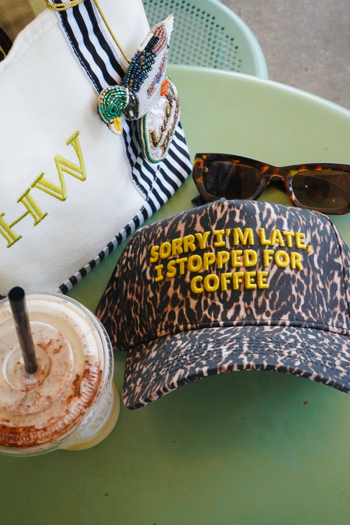 Sorry I'm Late, I Stopped for Coffee - Luxe Leopard Trucker Hat