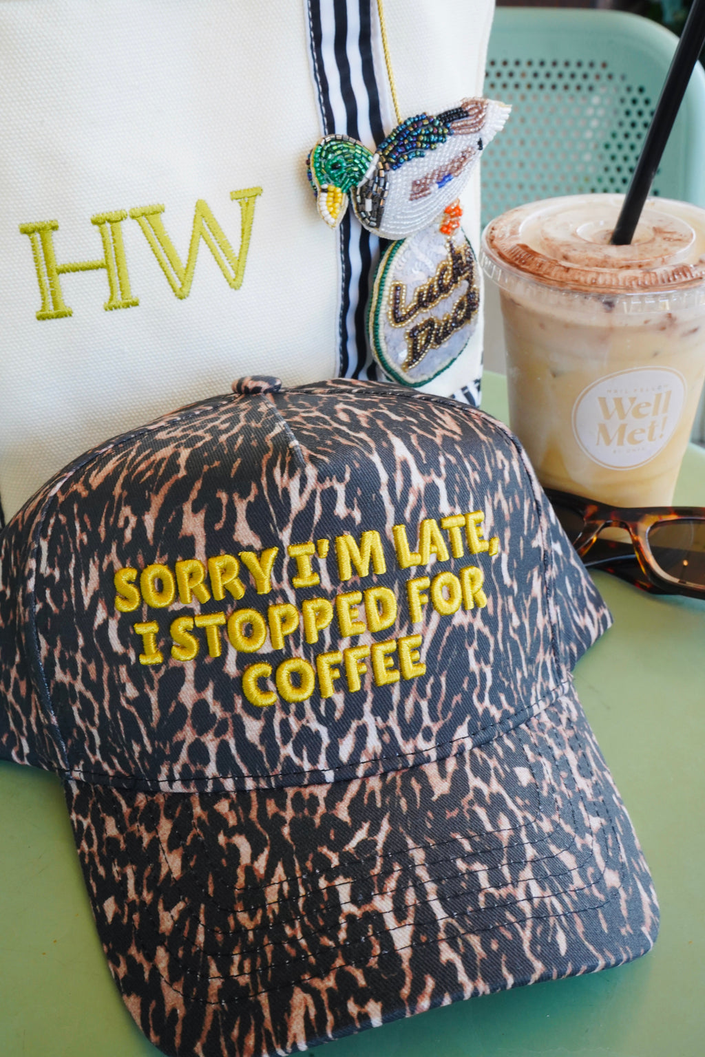 Sorry I'm Late, I Stopped for Coffee - Luxe Leopard Trucker Hat